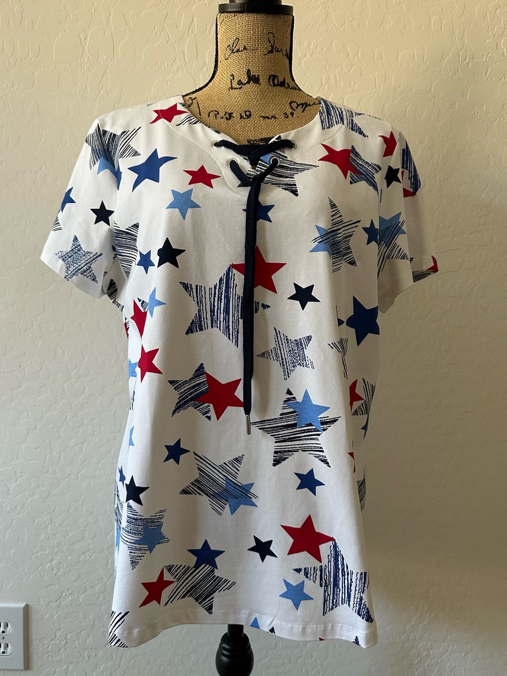 Allison Daley Patriotic Top with Blue and Red Stars Size L